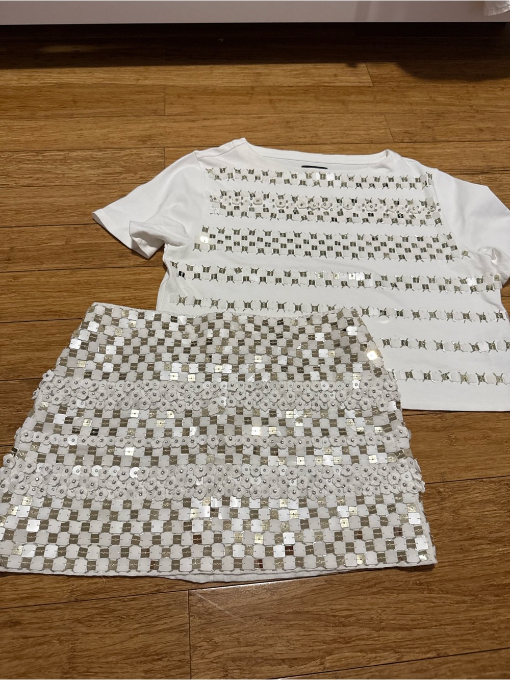 Girls White Sequin Checkerboard Top & Skirt Set